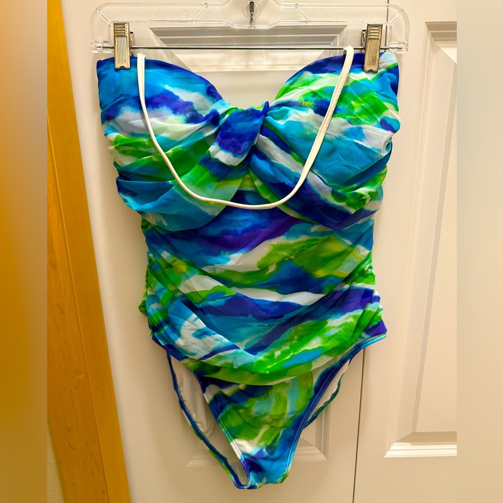 Ralph Lauren Blue and Green One Piece Swimsuit with Sweetheart Neckline
